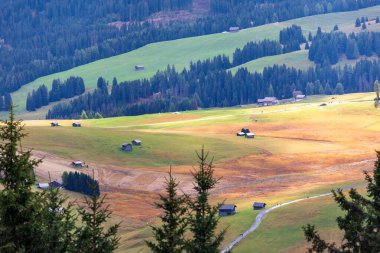 Alpe di Siusi, İtalya hava manzaralı ve sonbaharda Güney Tyrol 'daki Seiser Alm, Dolomite platosunda ahşap kulübeler.