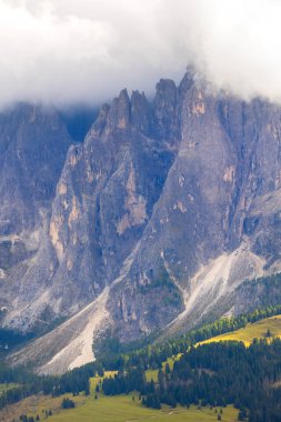 Dolomitler Alpe di Siusi, İtalya güzel manzara, dağları ve çayırları olan doğal sonbahar manzarası
