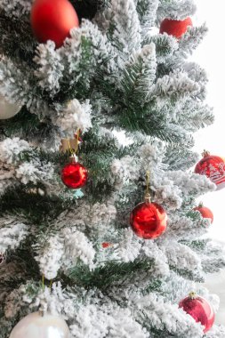 Noel ve Yeni Yıl arifesi kartı. Karla kaplı dalları olan tatil şablonu, köknar ağacında kırmızı toplar, yakın plan.