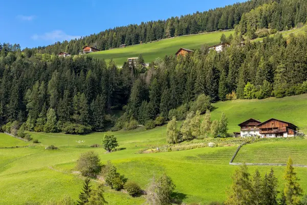 Dolomitler, İtalya. St. Magdalena 'nın ya da Santa Maddalena' daki yazlık evlerin hava panoramik manzarası