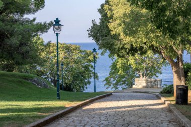 Hırvatistan 'ın Rovinj kenti, tarihi eski kent ve deniz manzarasında ağaçlarla çevrili