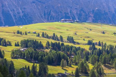 Dolomitler Alpe di Siusi, İtalya güzel manzara, dağları ve çayırları olan doğal sonbahar manzarası