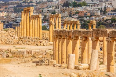 Jerash Gerasa, Jordan, ancient roman columns and ruins high angle view