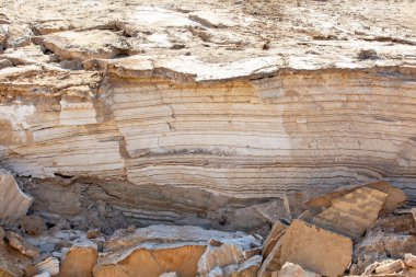 Close-up of Dead Sea salt mineral natural formation crystal layers in Jordan