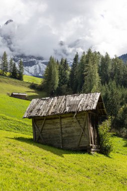 Dolomitler Alpe di Siusi, İtalya 'nın güzel manzarası, eski kulübe, dağlar ve çayırlar ile doğal sonbahar manzarası