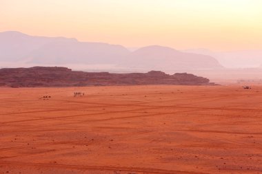 Ürdün, Wadi Rum, kırmızı kum tepeciği, deve kervanı ve güzel kayalar.