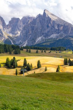 Dolomitler Alpe di Siusi, İtalya güzel manzara, evle doğal sonbahar manzarası, Sassolungo dağı ve çayırlar