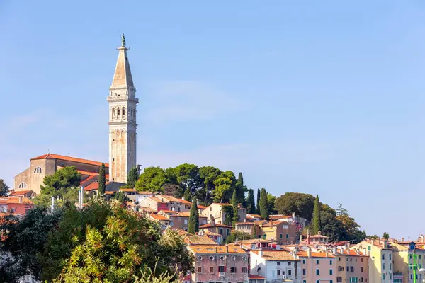 Rovinj, Hırvatistan. Güzel romantik kasaba manzarası, kilise çan kulesi ve evler.