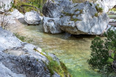Cadini del Brenton, Dolomitler, İtalya. Kireç taşı kayalarında şeffaf ve kristal su havuzları, Dolomiti Bellunesi Ulusal Parkı.