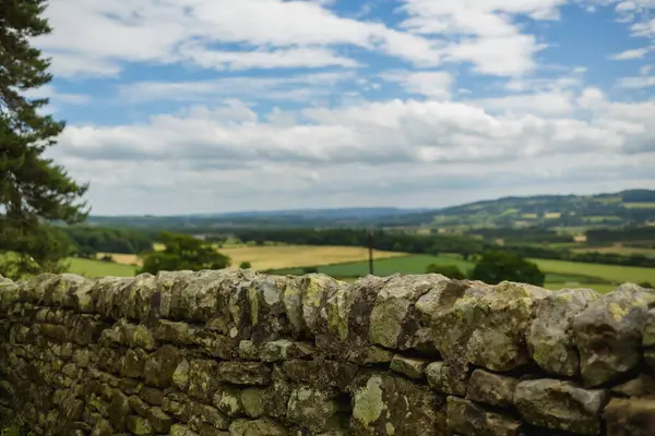 İngiliz kırsalında geleneksel kuru taş duvar. İngiltere 'nin kırsal kesimlerinde huzurlu doğa manzarası, kırsal cazibe ve sükunet, miras, seyahat ve huzurlu yavaş yaşam 