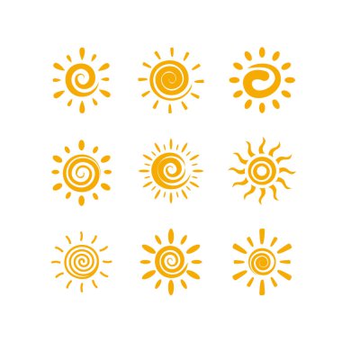 Sarı sarmal güneş çizim vektörü seti, sevimli el çizimi güneş koleksiyonu tasarımı
