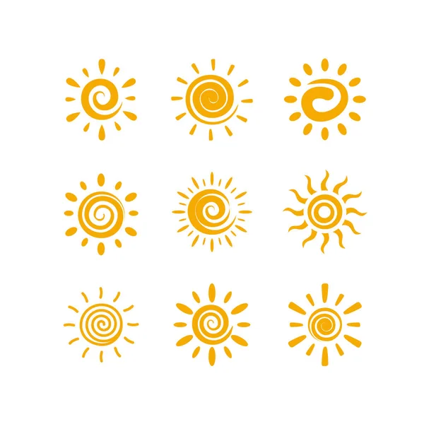 Sarı Sarmal Güneş Çizim Vektörü Seti Sevimli Çizimi Güneş Koleksiyonu — Stok Vektör