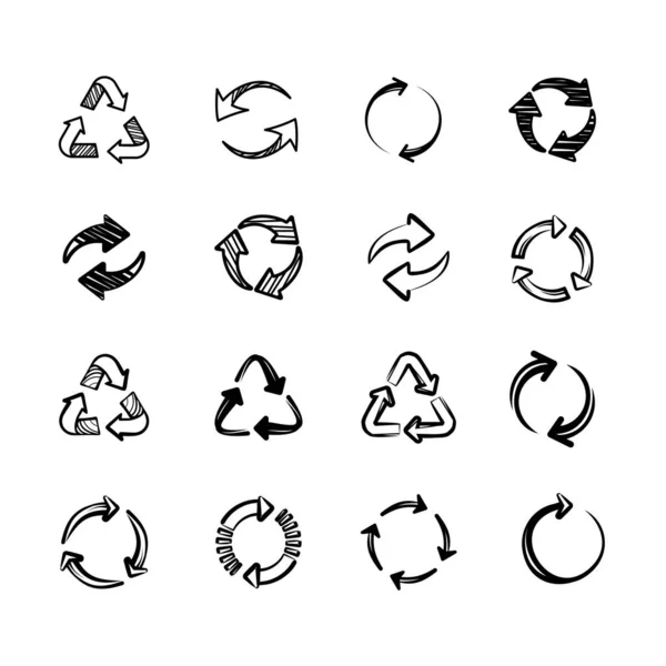 Satz Abstrakter Recycling Symbolvektoren Handgezeichnete Sammlung Von Recycling Symbolen — Stockvektor