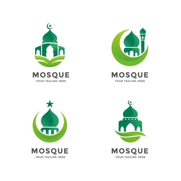 Conjunto Logotipo Verde Islámico Mezquita — Vector de stock