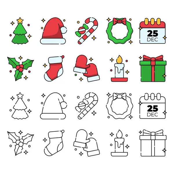 Cute Christmas Vector Element Collection Outlined Style — Stock Vector