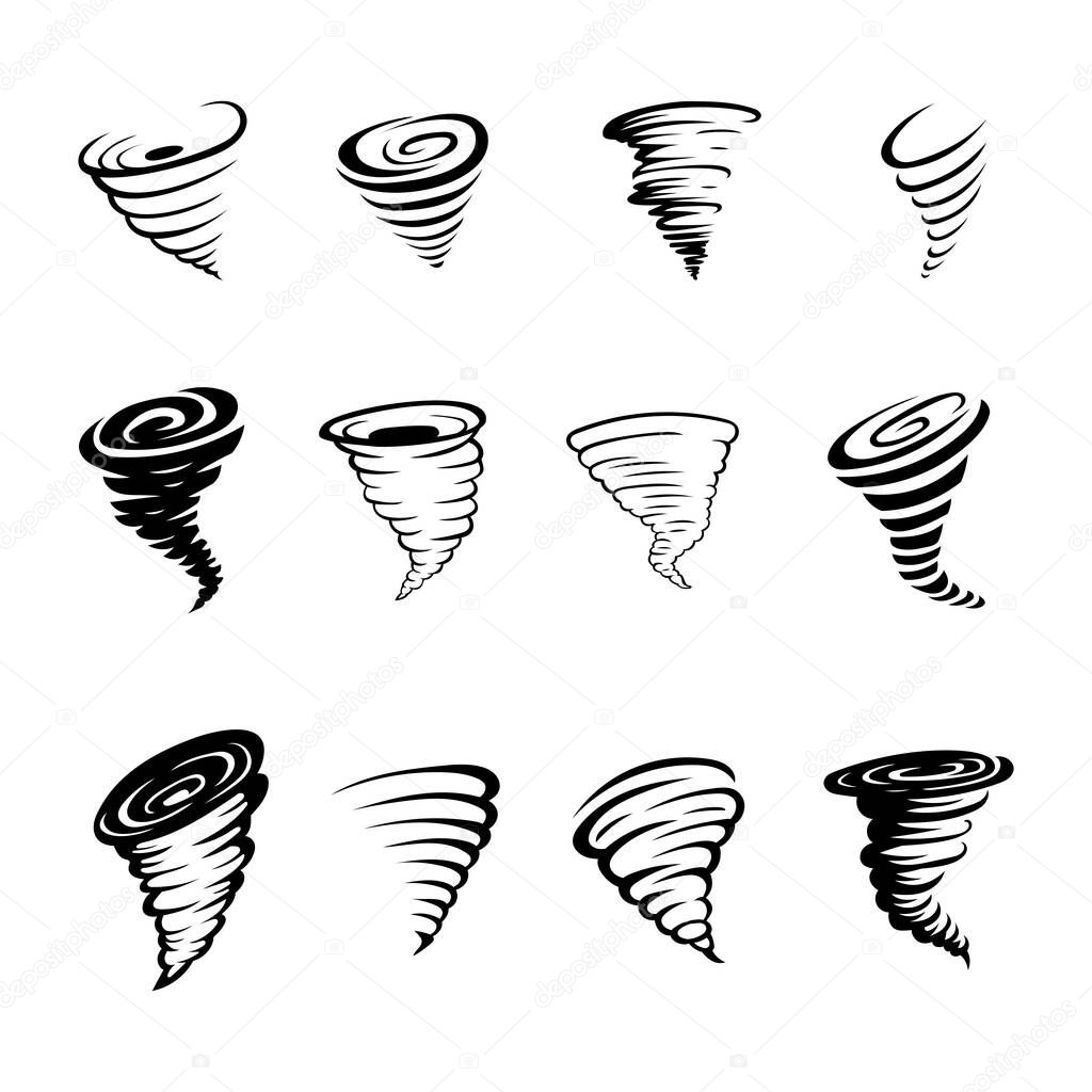 Torpedo wind icon set, hurricane silhouette collection