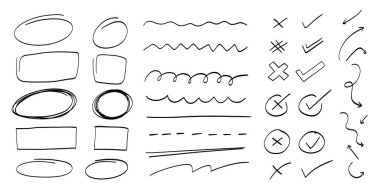 Ovalar, dikdörtgenler, dalgalı çizgiler, kontrol işaretleri ve haçlar gibi çeşitli şekilleri içeren el yapımı karalamalar. Bu çizimler beyaz arkaplanda siyah mürekkeple çizilmiş, grafik tasarımı veya not alma için ideal..