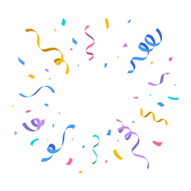 Beyaz arka planda dairesel desenli renkli konfeti ve flamalar. Kutlamalar ve şenlik için mükemmel..