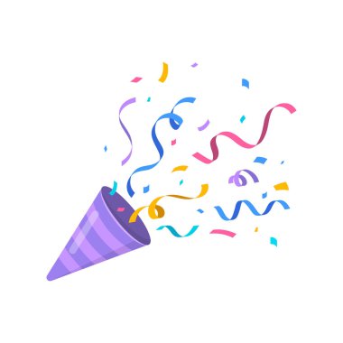 Konfeti ve flamalarla dolu renkli bir parti patlayıcısı. Popper mor çizgili ve konfetide mavi, pembe ve sarı gibi çeşitli renkler var..