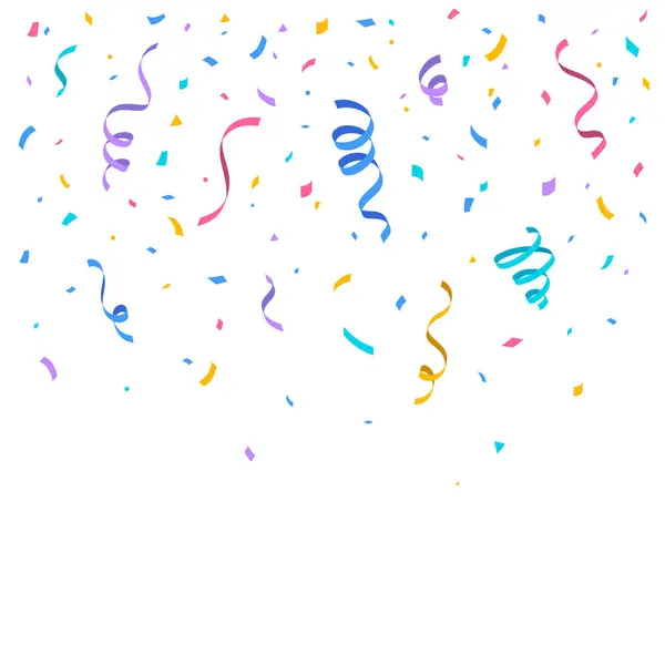 Beyaz arka plana renkli konfeti ve flamalar düşüyor.