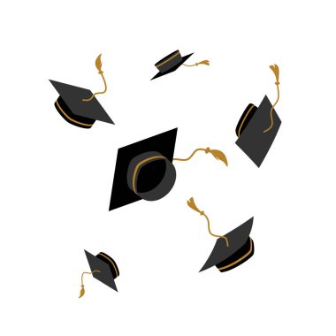 Beyaz arka planda havada yüzen altın püsküllü altı siyah mezuniyet şapkası..