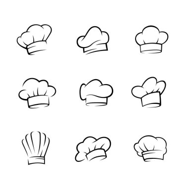 Dokuz basit çizgi çizilmiş şef şapkası koleksiyonu. Her şapkanın kendine has bir şekli ve stili var. Geleneksel şef başlığı tasarımları sergileniyor..