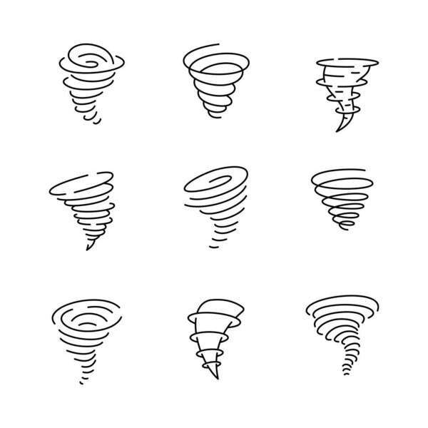 A collection of nine simple tornado line drawings on white background.