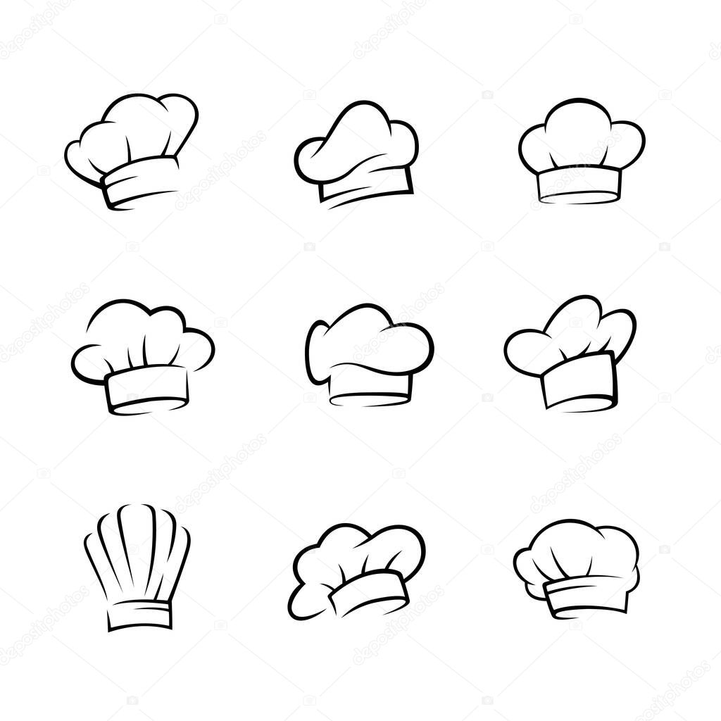 A collection of nine simple line-drawn chef hats. Each hat has a unique shape and style, showcasing various designs of traditional chef head wear.