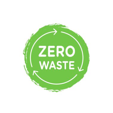Yeşil zemin üzerinde 'ZERO WASTE' yazılı dairesel bir logo, sürdürülebilirliği ve çevre dostu olmayı sembolize ediyor..