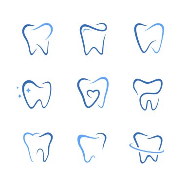 Parlak diş, kalp şeklinde diş ve dairesel yörüngeye sahip diş gibi çeşitli dizaynlara sahip dokuz adet stilize edilmiş mavi renkli diş simgesi. Diş damgası için ideal.