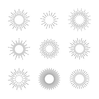 Dokuz güneş patlaması dizaynından oluşan bir ızgara, merkezi bir noktadan yayılan çeşitli ışın şekilleri içeriyor. Tasarımlar minimalist ve monokromatiktir, dekoratif veya grafik kullanım için uygundur.