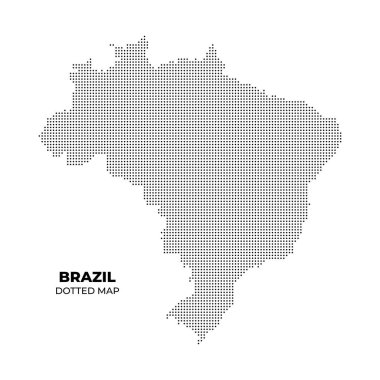 Brezilya 'nın noktalı bir haritası, ülkenin ana hatlarını minimalist bir şekilde gösteriyor. Harita, Brezilya 'nın coğrafi şeklini vurgulayan beyaz arkaplandaki küçük siyah noktalardan oluşuyor..
