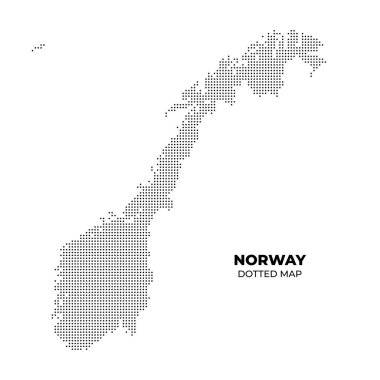 Noktalı Norveç haritası, ülkenin ana hatlarını minimalist bir şekilde gösteriyor. Tasarım, Norveç 'in coğrafi şeklini vurgulayan beyaz bir zemin üzerinde bir dizi siyah nokta barındırıyor..