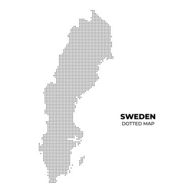 İsveç 'in noktalı bir haritası, beyaz arka planda siyah noktalar ile ülkenin ana hatlarını gösteriyor. Eğitim ve coğrafi amaçlar için ideal.