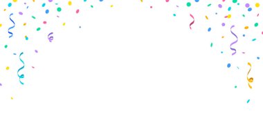 Beyaz arka planda renkli konfeti ve flamalar, şenlikli ve kutlama havası yaratıyor..