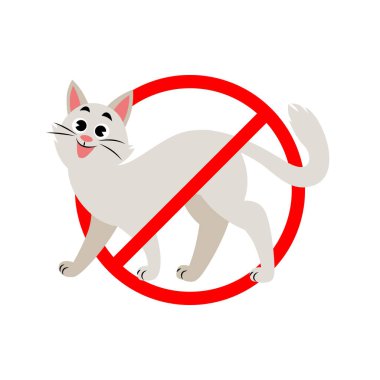 Kırmızı bir yasaklama işaretinin içinde, mutlu bir kedi yürüyüşünün karikatür tarzı bir tasviri. Kedi açık gri renkli, neşeli bir ifadeyle, 'kedi yok' temasını esprili bir şekilde vurguluyor..
