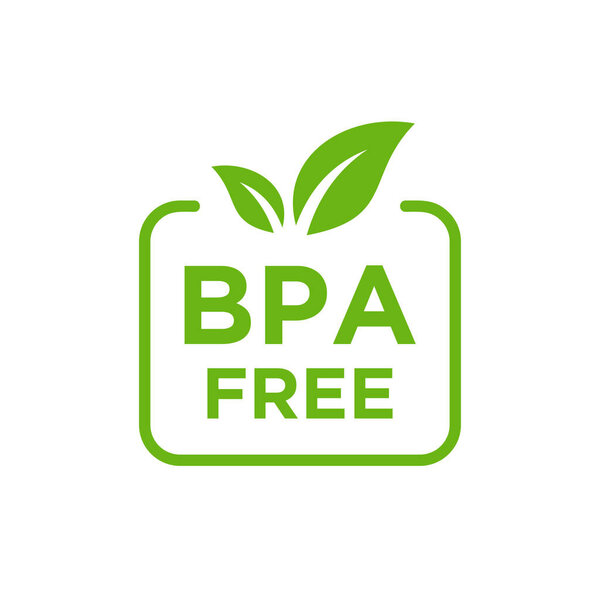 Green BPA free label with leaves on a white background.