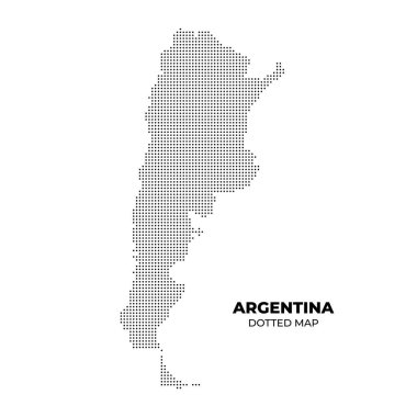 Arjantin 'in noktalı haritası, ülkenin ana hatlarını minimalist bir şekilde gösteriyor. Tasarım, coğrafi şekli vurgulayan beyaz bir zemin üzerinde siyah noktalar serisi içerir..