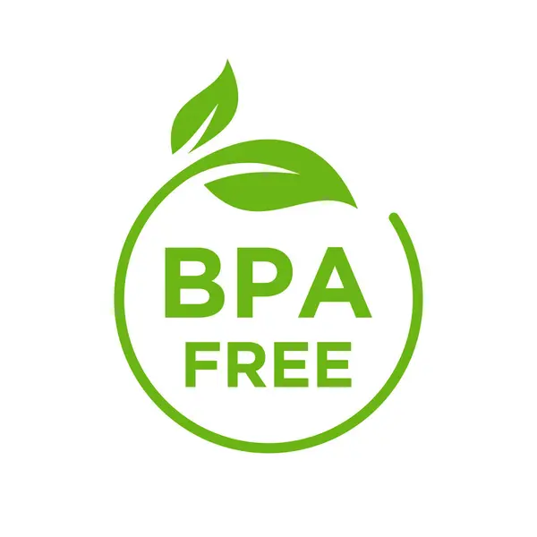 Çevre dostu ve güvenliği sembolize eden iki yeşil yaprak eşliğinde kalın harflerle BPA özgür metnini içeren yeşil dairesel bir logo..