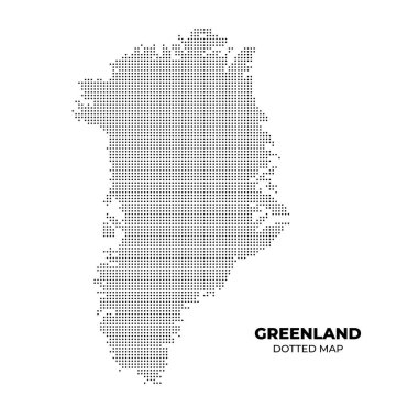 Grönland 'ın eşsiz şeklini minimalist bir tasarımla gösteren noktalı bir haritası. Harita, coğrafi hatları vurgulayan beyaz arkaplandaki küçük siyah noktalardan oluşuyor..