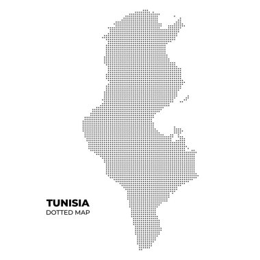 Tunus 'un noktalı bir haritası, ülkenin dış hatlarını minimalist bir şekilde gösteriyor. Harita coğrafi şeklini vurgulayan küçük noktalarla dolu..