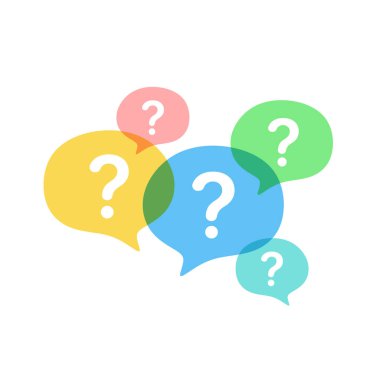 Soru işaretli renkli konuşma baloncukları, iletişim, soruşturma ve diyalogu temsil ediyor. Tartışmalar, FAQ 'lar veya müşteri hizmetleri temaları için ideal.