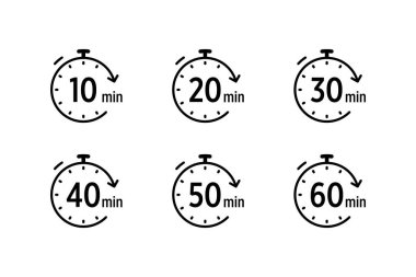 Her biri farklı zaman aralıklarını gösteren altı basit siyah beyaz kronometre simgesi koleksiyonu: 10 dakika, 20 dakika, 30 dakika, 40 dakika, 50 dakika ve 60 dakika. Tasarım minimalist ve modern..