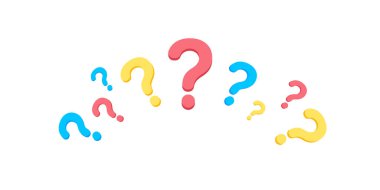 Pembe, mavi ve sarı da dahil olmak üzere çeşitli boyut ve renklerde renkli soru işaretleri beyaz arka plana karşı oyuncu bir şekilde düzenlenmiştir..