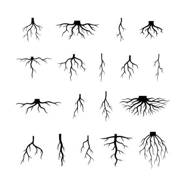 Beyaz arkaplanda çeşitli ağaç kökü siluetleri koleksiyonu.