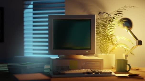 90S Computer Monitor Home Office Setup Scene Illustration — Stockvideo