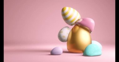 Colourful and decorated Easter eggs on a pastel pink background. 