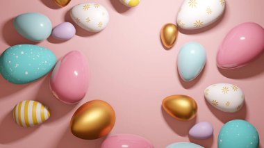A coollection of chocolate easter eggs in pastel shades. 3D Illustration.