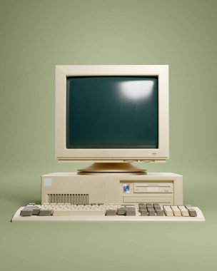 Classic retro 1990s beige home PC computer and CRT monitor. 3D illustration