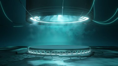A large round futuristic platform podium stage with neon lighting. 3D illustration clipart